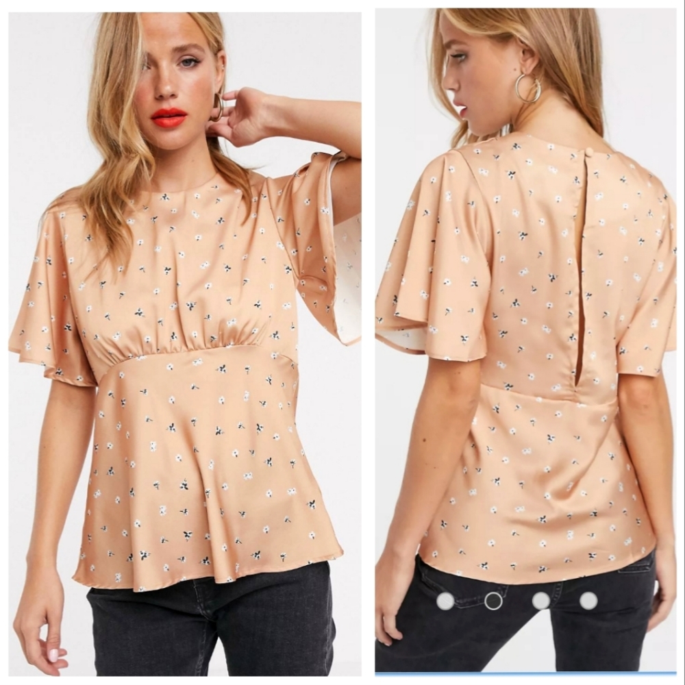 ASOS DESIGN top with flutter sleeve in satin in floral print